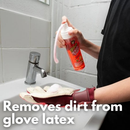 Glove Wash & Foam Strawberry Stopper foam cleaner removing dirt from glove latex