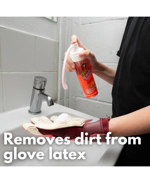 Espuma limpiadora Glove Wash & Foam Strawberry Stopper eliminando suciedad del látex de los guantes Espuma limpiadora Glove Wash & Foam Strawberry Stopper eliminando suciedad del látex de los guantes