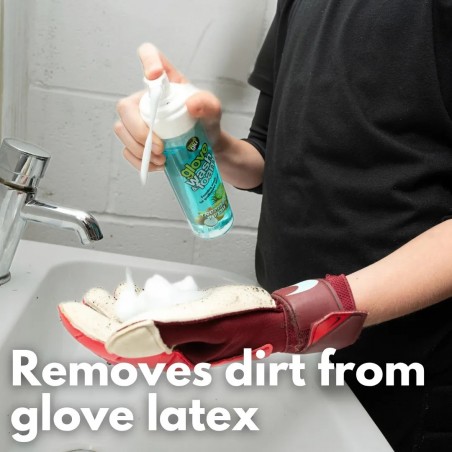 Espuma limpiadora Glove Wash & Foam Tropical Punch eliminando suciedad del látex