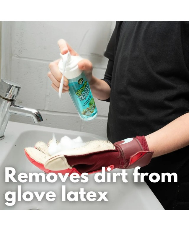 Espuma limpiadora Glove Wash & Foam Tropical Punch eliminando suciedad del látex Espuma limpiadora Glove Wash & Foam Tropical Punch eliminando suciedad del látex