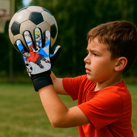 Kid wearing Elitekeepers Basic Kiddo goalkeeper gloves during training, improving grip and reflexes.