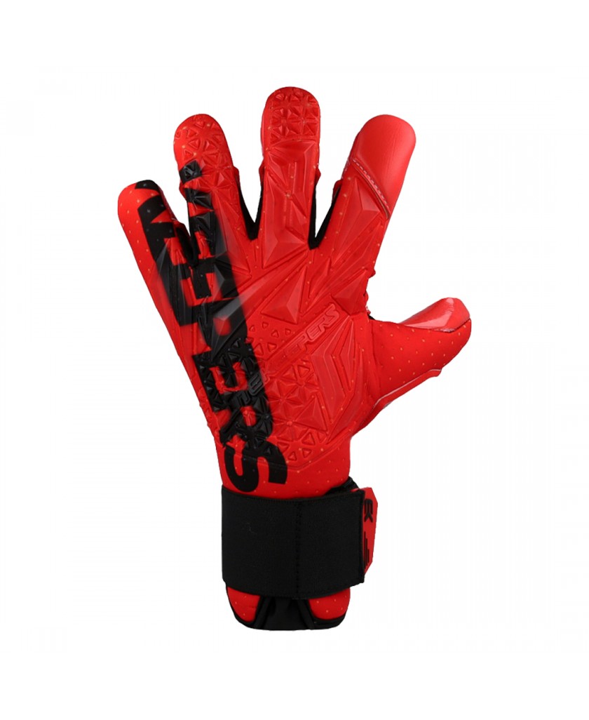 Guantes de portero Elitekeepers EK INFERNO vistos desde el dorso, diseño rojo con detalles en silicona 3D.