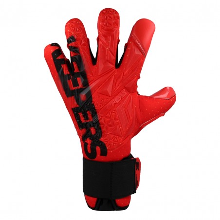 Guantes de portero Elitekeepers EK INFERNO vistos desde el dorso, diseño rojo con detalles en silicona 3D.