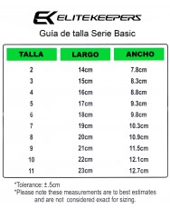 Guía de tallas de guantes de portero Elitekeepers Serie Basic para niños
