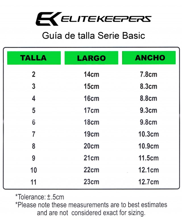 Guía de tallas de guantes de portero Elitekeepers Serie Basic para niños