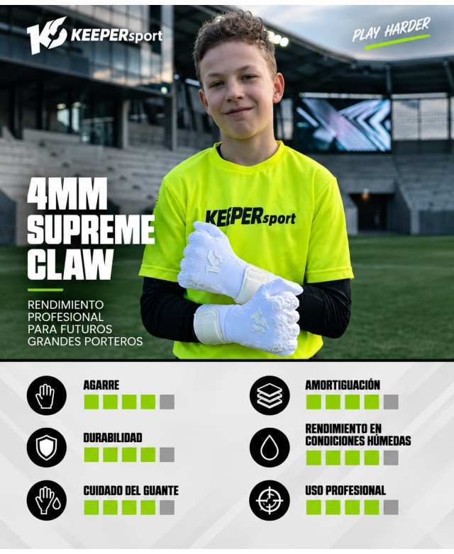 Young goalkeeper wearing white KEEPERsport Champ Elite NC Kids gloves