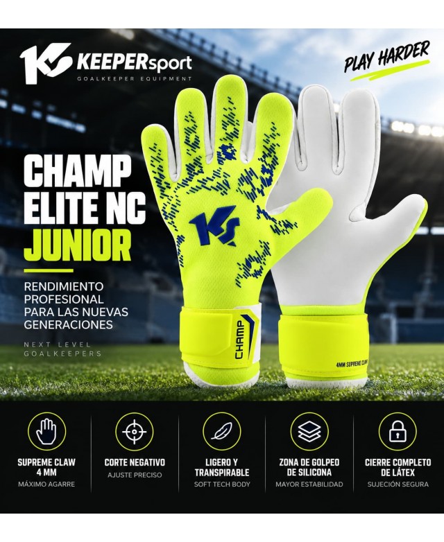 KEEPERsport Champ Elite NC Junior features with Negative Cut and 4mm Supreme Claw